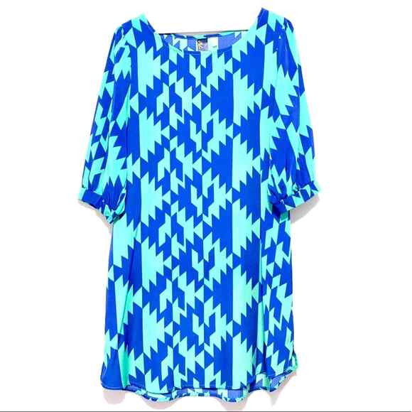 Blue Rain Dress Womens Medium Blue Green Aztec Half Sleeve Southwest Ladies - Picture 1 of 6